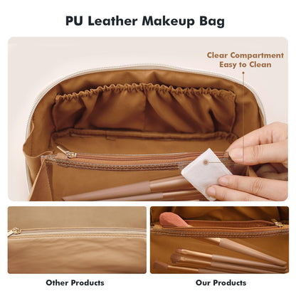 Prite Makeup Bag for Women Travel Waterproof Vegan Leather Cosmetic Bag Open Flat Toiletry Bag With Clear Divider and Handle (New Brown, Medium)