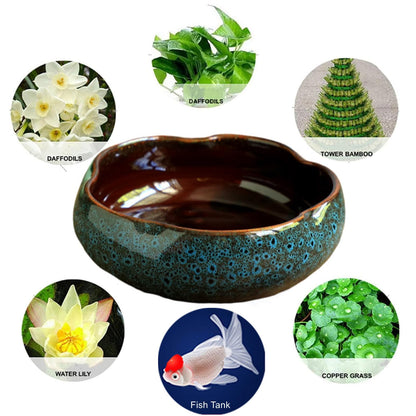 Lotus Bowl Planter, Lotus Bowls for Planting in Water Indoors, Bonsai Bowl Lotus Flower Seeds, Ceramic Planters for Indoor Plants, Leak-Proof Design for Succulent Plants Fish Home Decor (Blue)