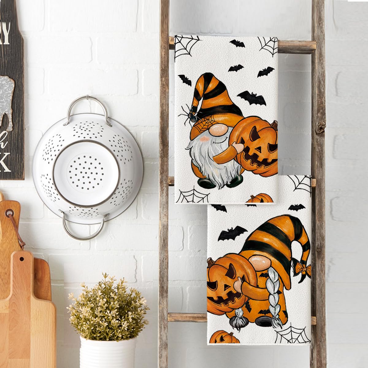 Artoid Mode Pumpkin Gnome Halloween Kitchen Towels Dish Towels, 18x26 Inch Bats Spider Web Jack-O'-Lantern Decoration Hand Towels Set of 2