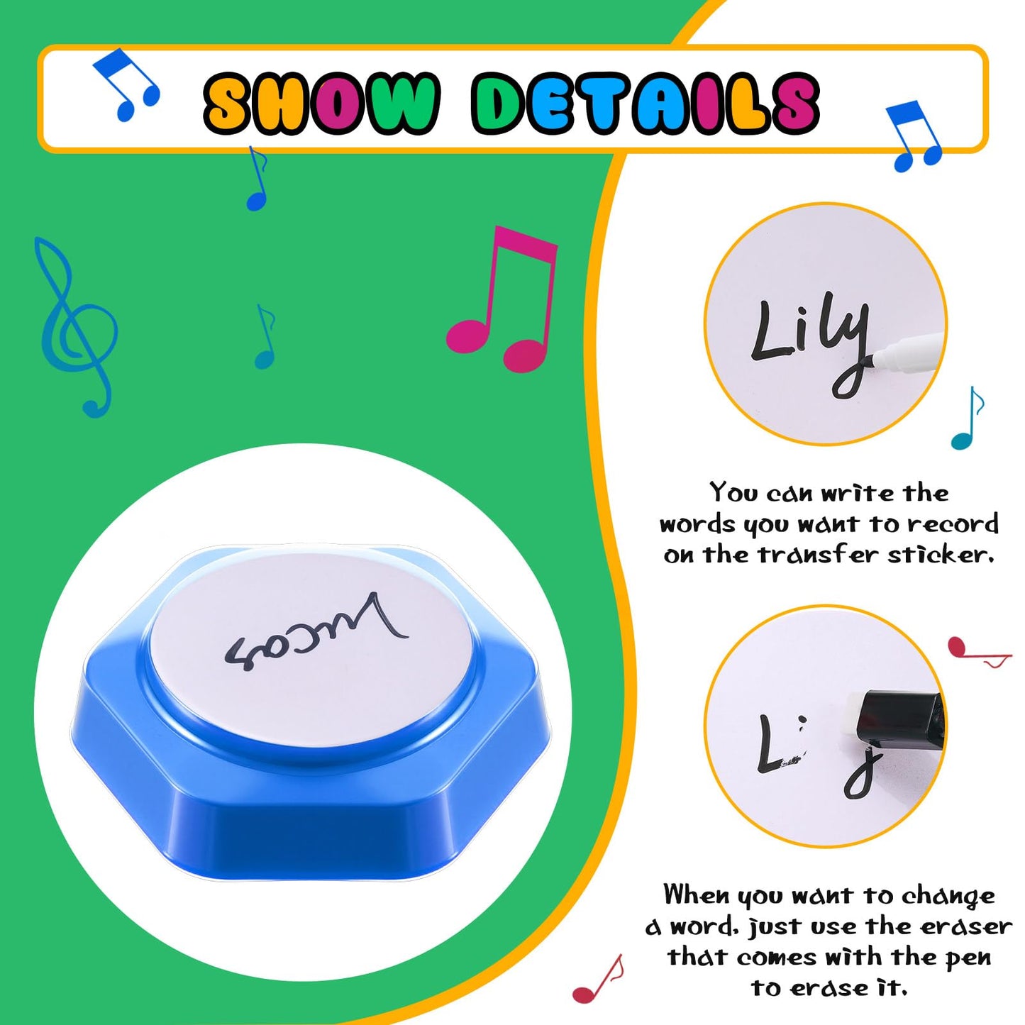 Honoson 6 Pack Recordable Answer Buzzers Voice Recording Buttons for Classroom with Reusable Transfer Stickers and Erasable Marker Pen Game Show Buzzers