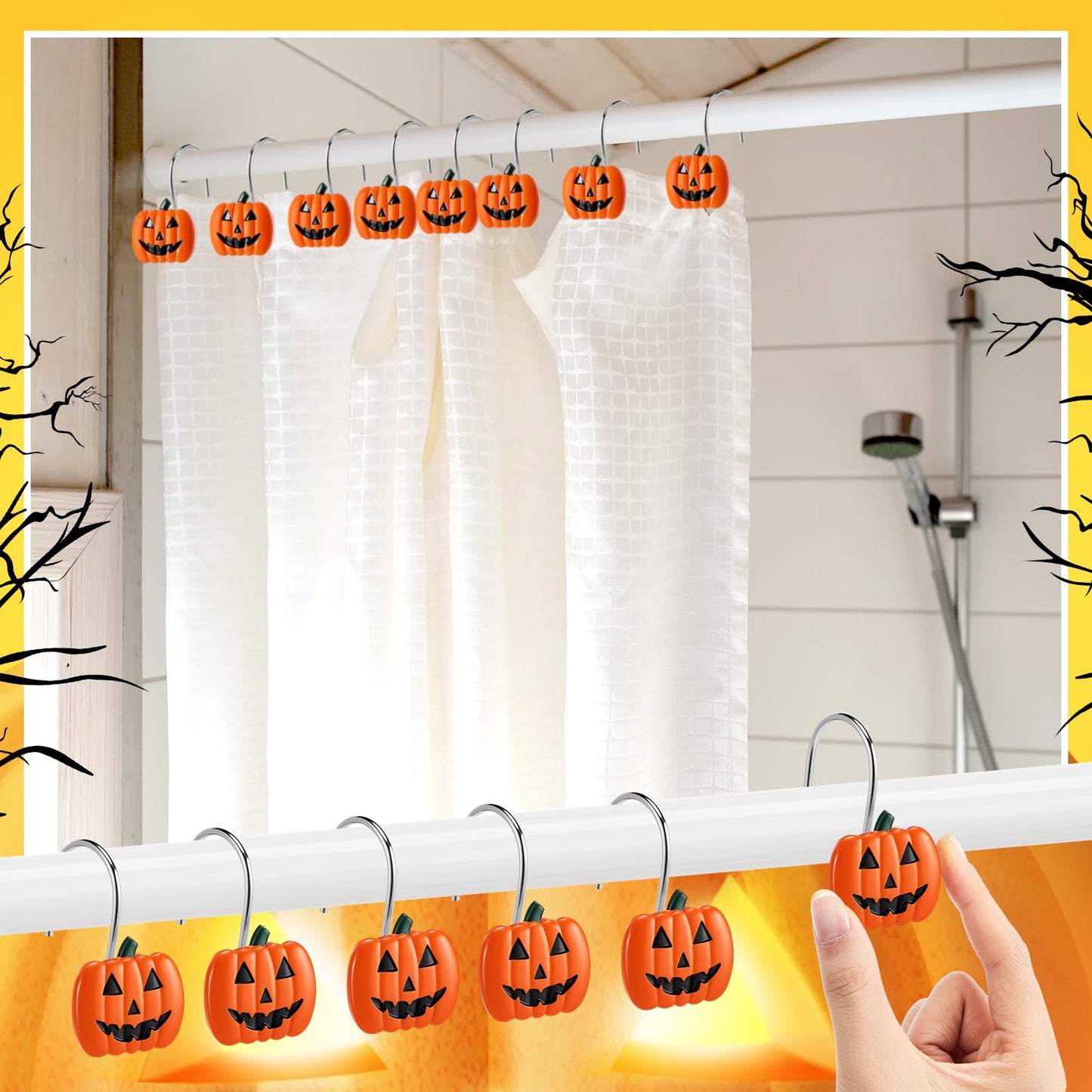 Yungyan 12 Pcs Halloween Shower Curtain Hooks Pumpkin Curtain Hangers Orange Autumn Fall Decorative Rings for Halloween Bathroom Restroom Decor