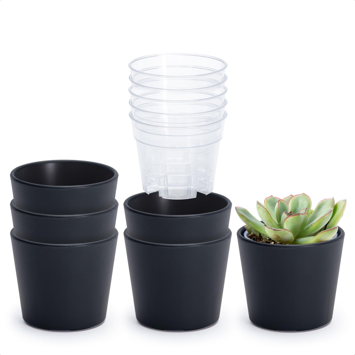 Phoenix Vine 3.5 Inch Black Plastic Cachepot with Clear Nursery Pot, Decorative Lightweight Planter Cover with Transparent Inner Pot for Indoor Houseplants, Pack of 6, 24-A-E-6