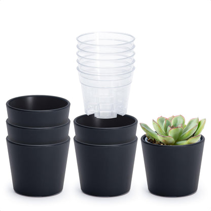 Phoenix Vine 3.5 Inch Black Plastic Cachepot with Clear Nursery Pot, Decorative Lightweight Planter Cover with Transparent Inner Pot for Indoor Houseplants, Pack of 6, 24-A-E-6