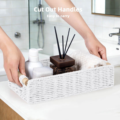 CubesLand Back of Toilet Storage Basket for Organizing w/Cut Out Handle, Handwoven Toilet Tank Top Paper Baskets, Small Wicker Decorative Basket for Countertop, Home, Living Room, Nursery, White