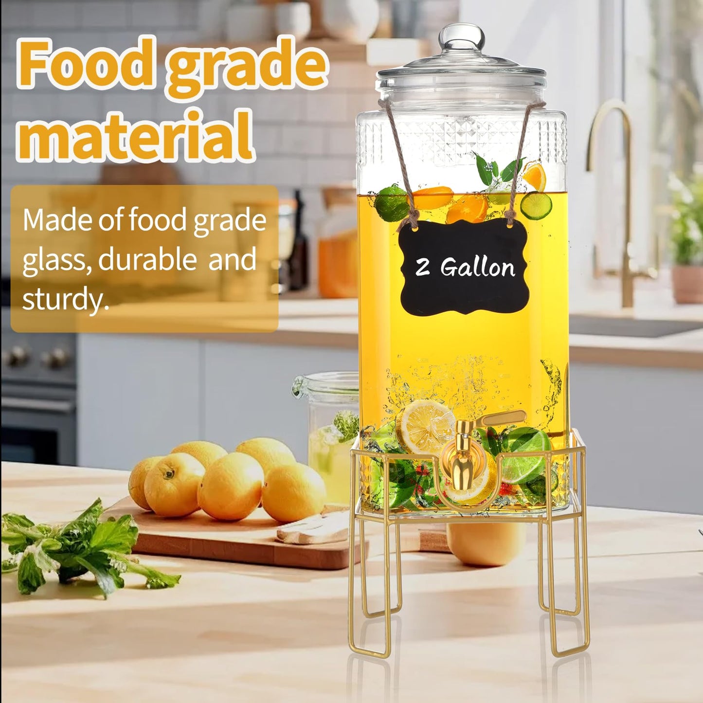 Drink Dispenser,2 Gallon Drink Dispensers for Parties,Beverage Dispenser with Stand,Glass Lid and Stainless Steel Spigot Leak-proof, Ideal for Lemonade,Juice, Tea, and Party Drinks