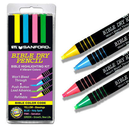G.T. Luscombe Company, Inc. Bible Dry Highlighting Kit | No Bleed Eco-Friendly Refillable Dry Highlighters | No Sharpening | No Smearing or Fading | Yellow, Blue, Pink, Green (Set of 4)