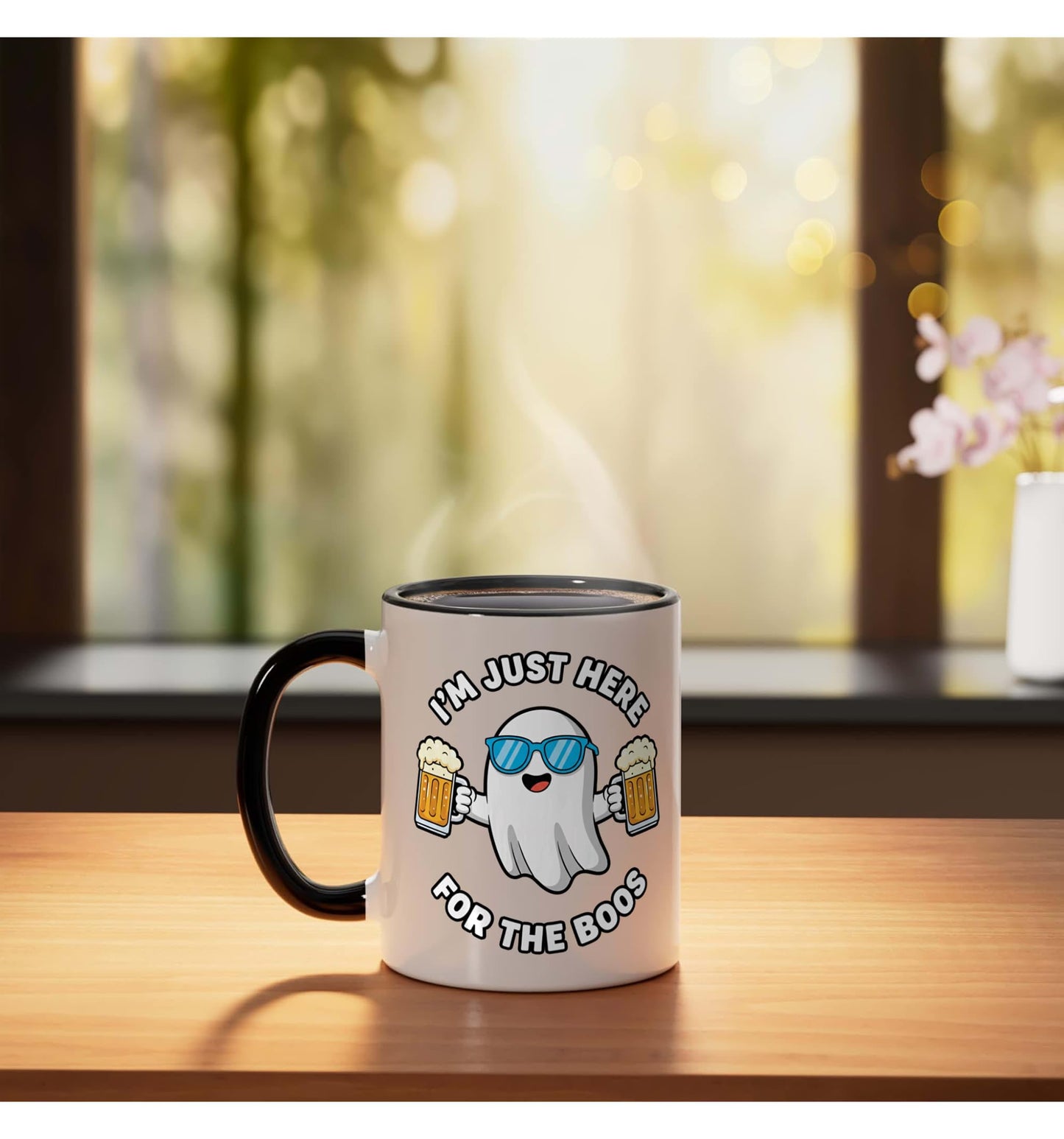Halloween I'm Just Here The Boos Ghost Beer Funny Design Ceramic Mug, Black/White