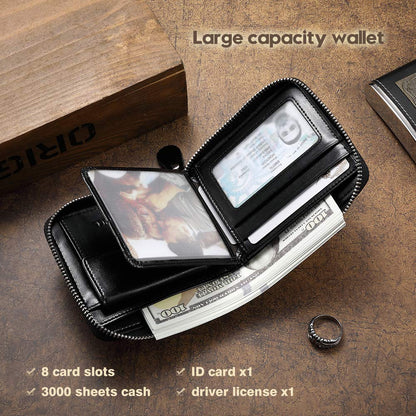 Mens Genuine Leather Zipper Wallet RFID Secure Large Capacity Double Fold Multi-card Leather Wallets for Men and coin purse (Oil wax black)