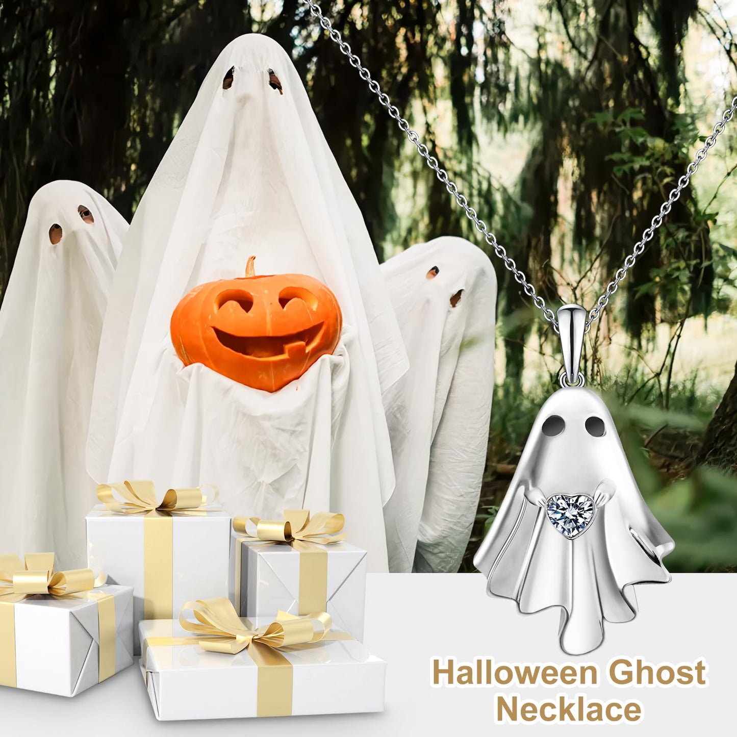 Halloween Ghost Necklace for Women S925 Sterling Silver Spooky Ghost Pendant With Heart Cz for Women Halloween Jewelry Gift