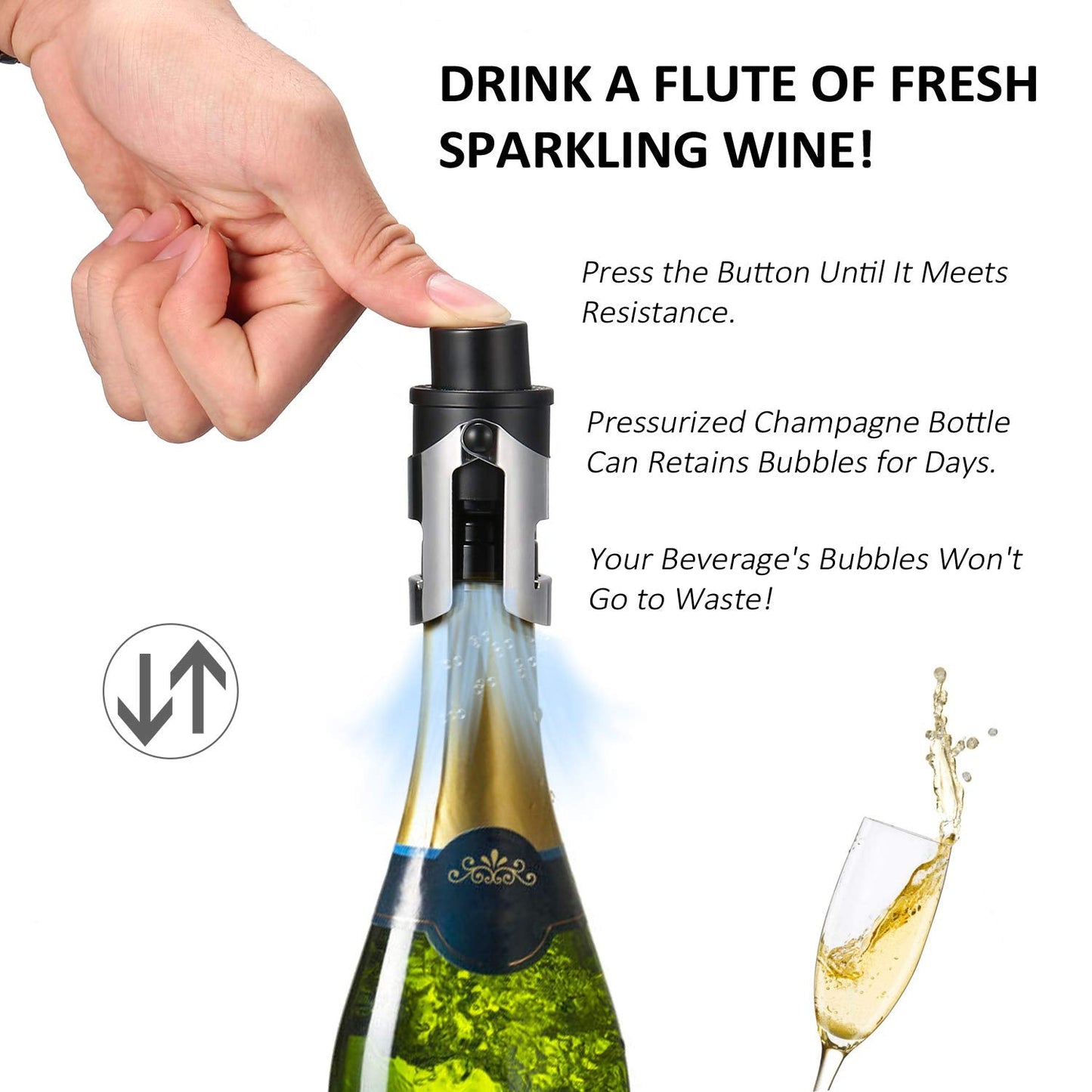 HYZ 2-Pack Champagne Stoppers with Built-in Vacuum Pump, Black