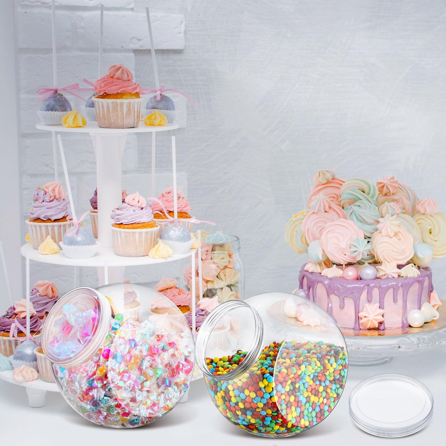 Willinglong 2 Pcs Plastic Candy Jar with Lid 192 oz/ 1.5 Gallon Large Slanted Storage Jar Clear Food Storage Canisters for Cookies Jelly Beans Snacks Candy Buffet Indoor Outdoor Wedding (White)