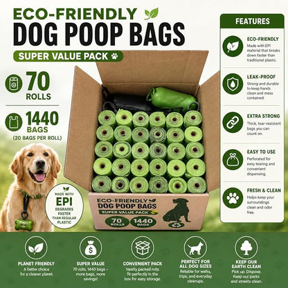 Doggy Poop Bags Biodegradable with Dispenser (1440 Bags) Eco-friendly Dog Waste Pickup Bags Landfill-friendly Refill Rolls Cat Waste Bags (Green, 72 Rolls, Unscented)