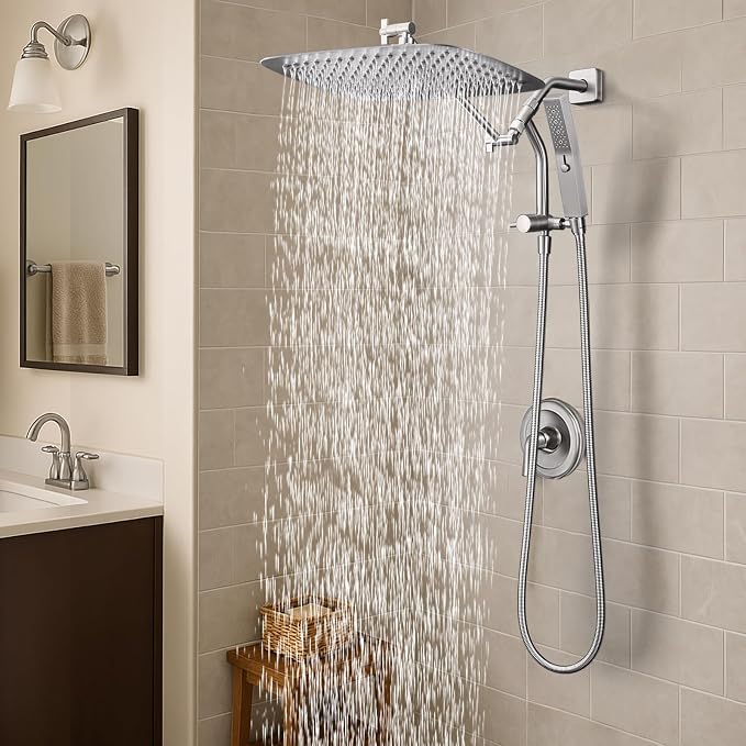 G-Promise All Metal 16 Inch Rain Shower Head with Massage Mode Handheld Spray Combo, 3-Way Diverter with Pause Setting, Full Body Coverage, Modern Bathroom Upgrade (Brushed Nickel)