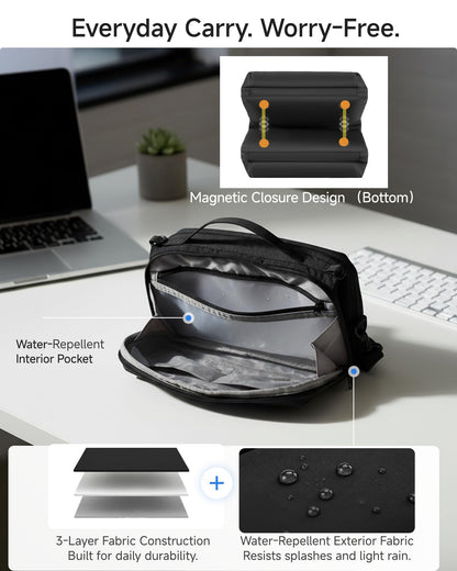 LUGGEX Large Tech Pouch, Cable Organizer Bag with Removable Crossbody Strap, Dual Accessories Bag & Water Resistant for Kindle, Chargers, Cord, Earphone for Travel Office All-in-One, Black