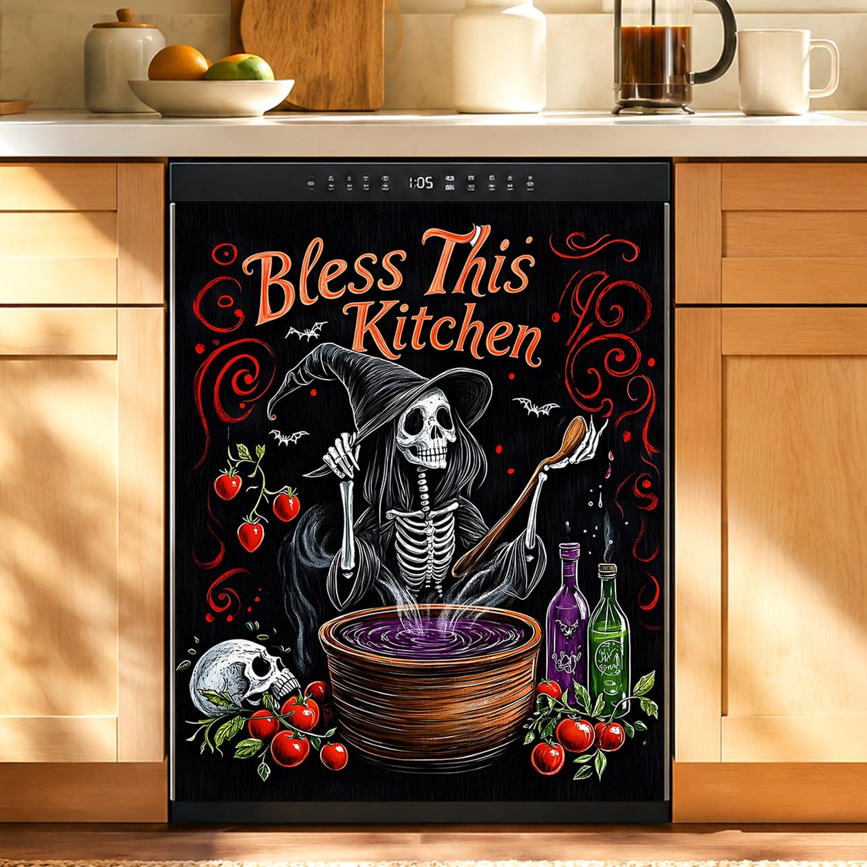 Dishwasher Magnet Cover Flower, Halloween Witches Magnetic Dishwasher Covers Decorative for The Front Panel, Refrigerator Magnets Decorative Cover Sticker Decal Kitchen Decor 23x26 Inch