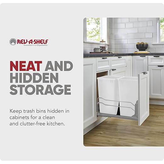 Rev-A-Shelf Double 35 Qt Pullout Trash Cans with Soft-Close for Under Kitchen Cabinets, Min Opening Width of 14.5", White, 53WC-1835SCDM-211
