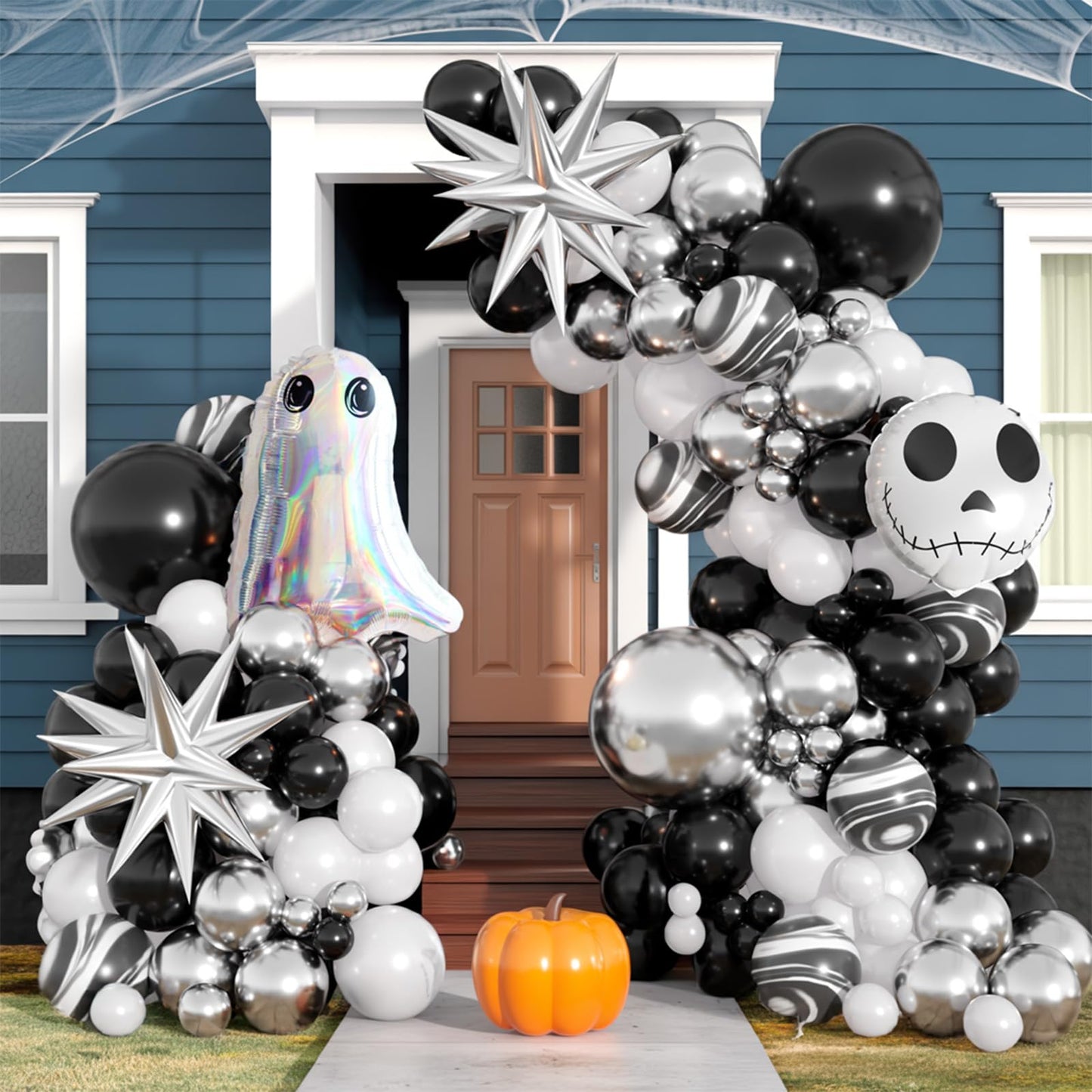 Halloween Balloon Arch Kit,110Pcs Black White and Silver Latex and Foil Balloon with Ghost,Skull Design for Halloween Birthday Bachelorette Baby Shower Wedding Party Decorations