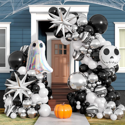 Halloween Balloon Arch Kit,110Pcs Black White and Silver Latex and Foil Balloon with Ghost,Skull Design for Halloween Birthday Bachelorette Baby Shower Wedding Party Decorations