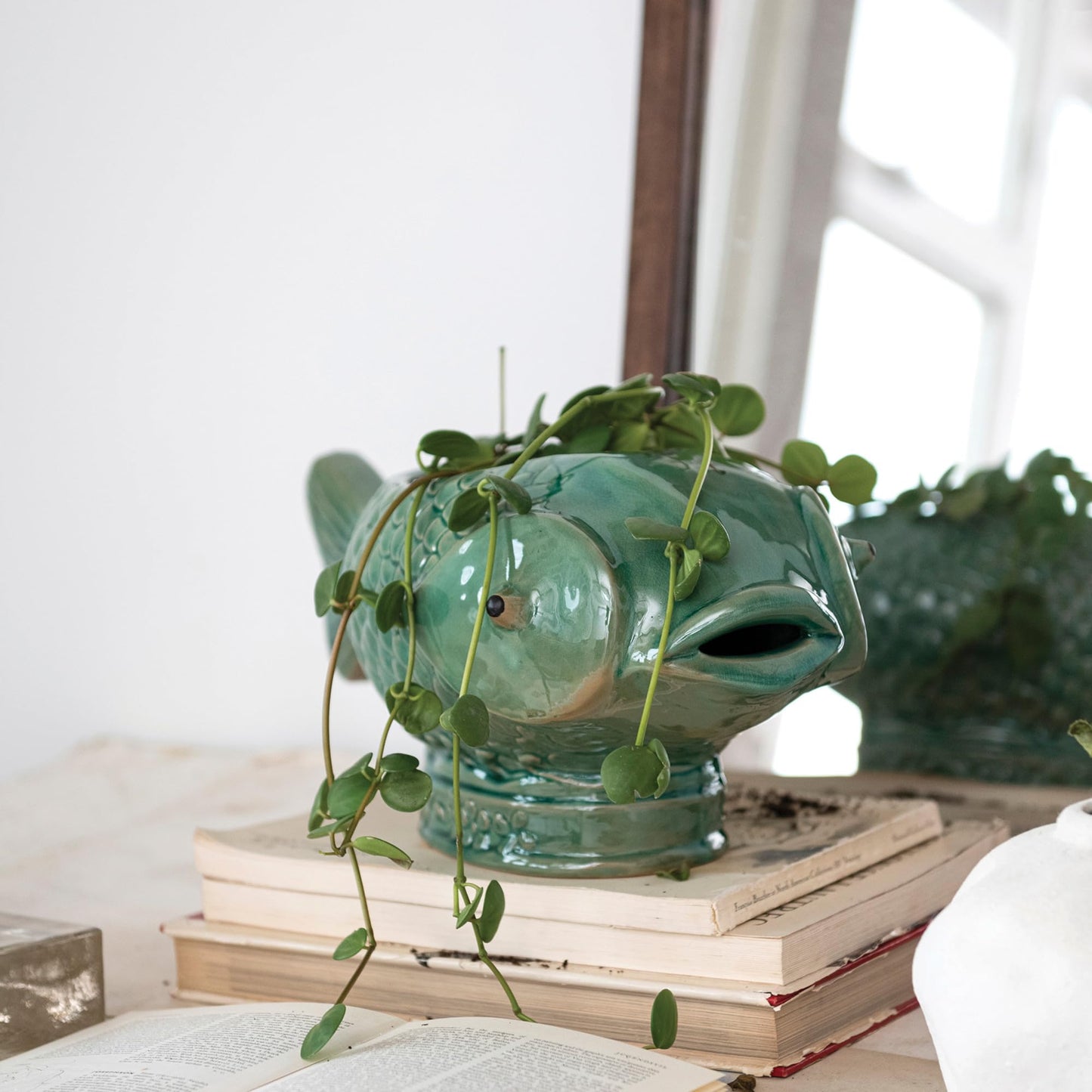 Creative Co-Op Debossed Stoneware Fish Planter with Reactive Glaze, Turquoise