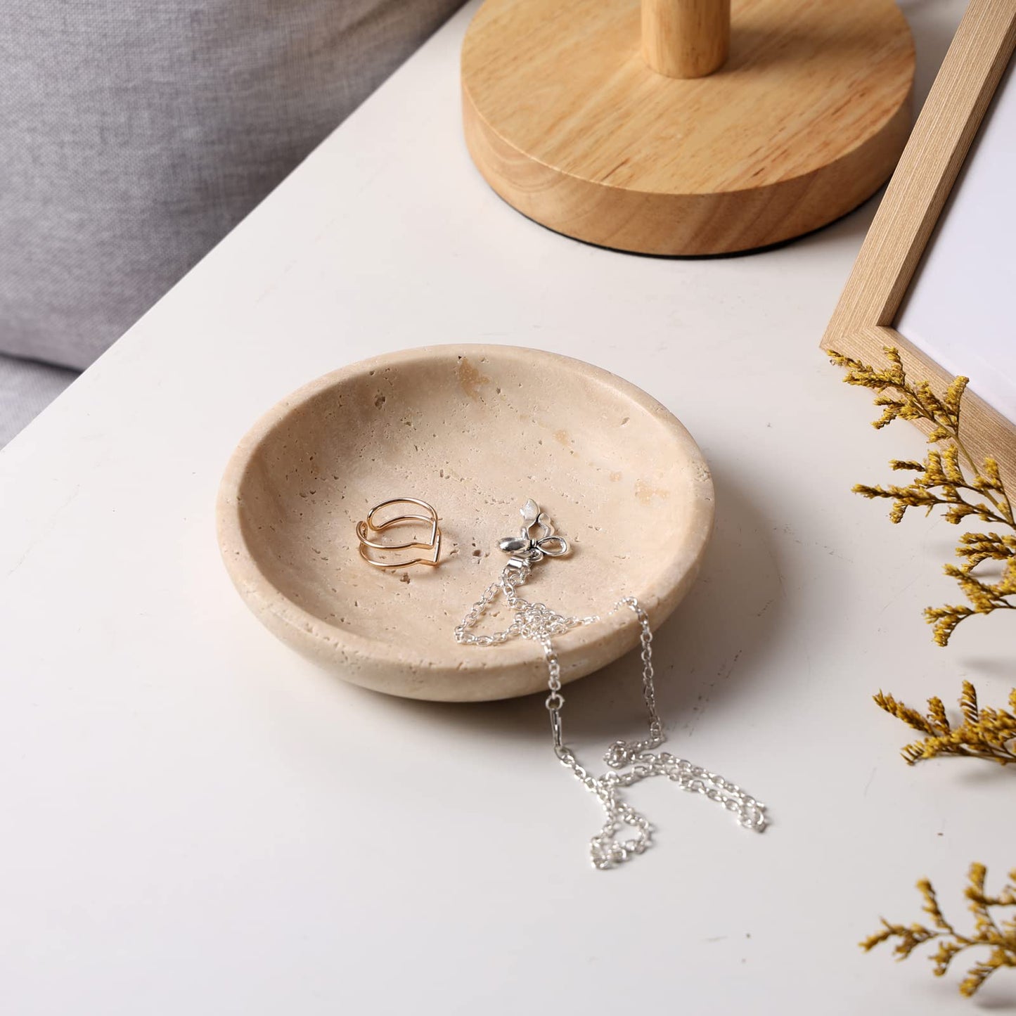 Natural Marble Travertine Ring Dish Jewelry Tray 5.5" for Women, Marble Trinket Dish for Key Earring Nightstand, Mother's Day Engagement Birthday Gift - Beige Travertine