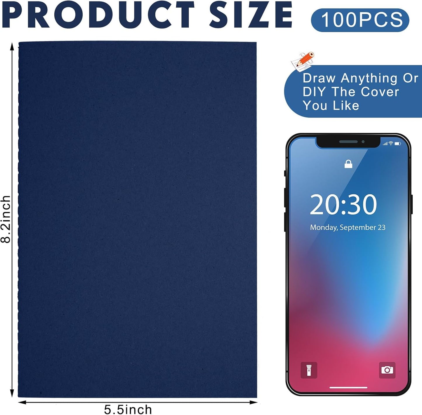 100 Pcs Kraft Notebook Journals 5.5 Inch x 8.3 Inch A5 Softcover Notebooks Bulk for Writing Sketch Office Notepad with 60 Pages 30 Sheets(Black, Navy,Lined)