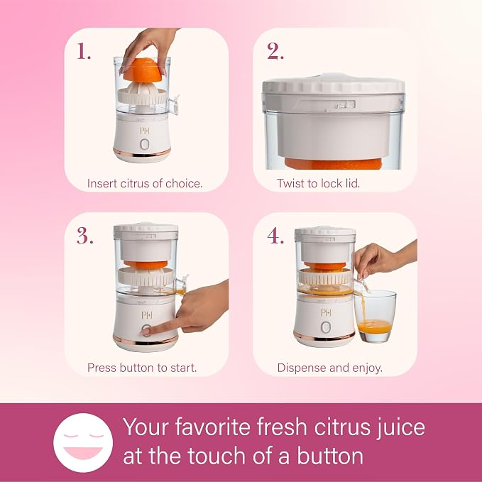 Paris Hilton Electric Citrus Juicer, Mini Portable Cordless Juicer with USB Rechargeable Base, One-Touch Button, Compact Lemon, Lime and Orange Juicer, White