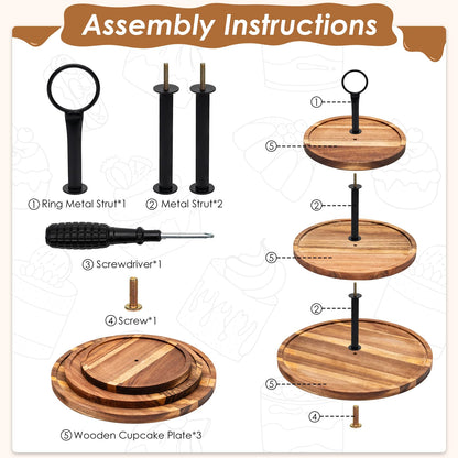 5 Pcs Wooden Dessert Table Display Set,Acacia Wood Cake Stand with Dome Lid,2 Pcs 3-Tier Dessert Display Stands and 2 Serving Trays Hosting Essential for Wedding Birthday Party Baby Shower Christmas