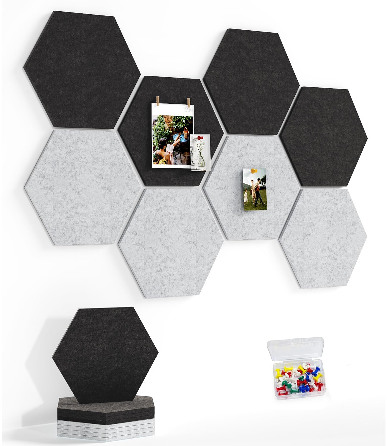 Uoisaiko 8 Pack Hexagon Felt Bulletin Board Tiles - 12" Large Thick Pin Board for Walls with 30 Push Pins, DIY Boards for Office Home School Decor, Aesthetic Hex Cork Board Alternative
