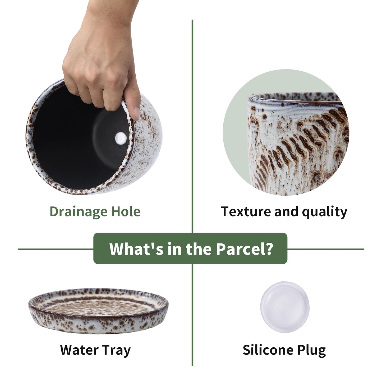 4+5.75 Inch Ceramic Planter Set of 2 with Drainage Hole and Saucer for Plants, Indoor-Outdoor Large Round Succulent Orchid Flower Pot -Reactive Glaze Speckled(Inner-pots not Larger Than 5 Inch)
