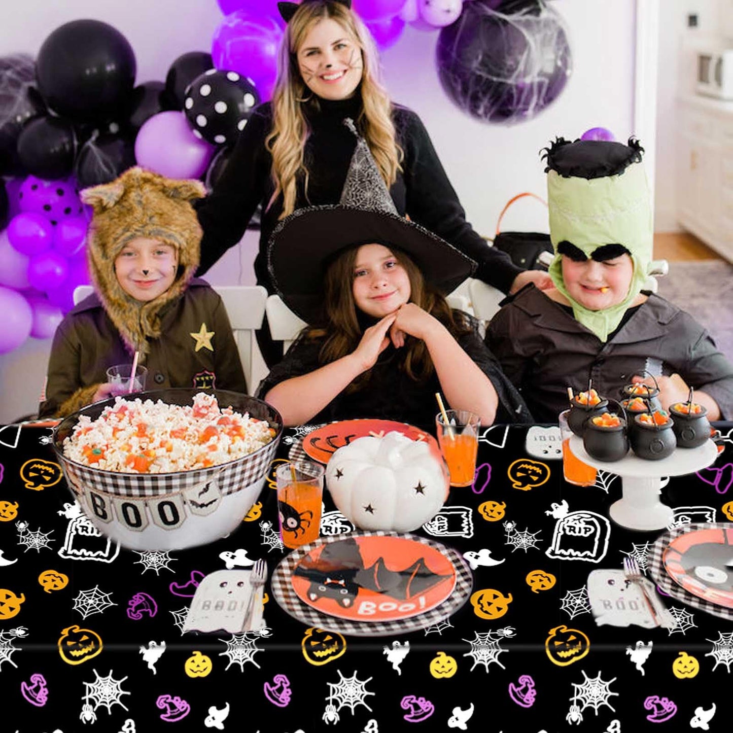 Ymsone 3 Pack Halloween Spider Web Tablecloths Plastic, 54 x 108 Inch Disposable Rectangle Table Cover for Halloween Party Decorations Indoor, Black Pumpkin Ghost Witch Table Cloth
