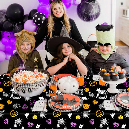 Ymsone 3 Pack Halloween Spider Web Tablecloths Plastic, 54 x 108 Inch Disposable Rectangle Table Cover for Halloween Party Decorations Indoor, Black Pumpkin Ghost Witch Table Cloth