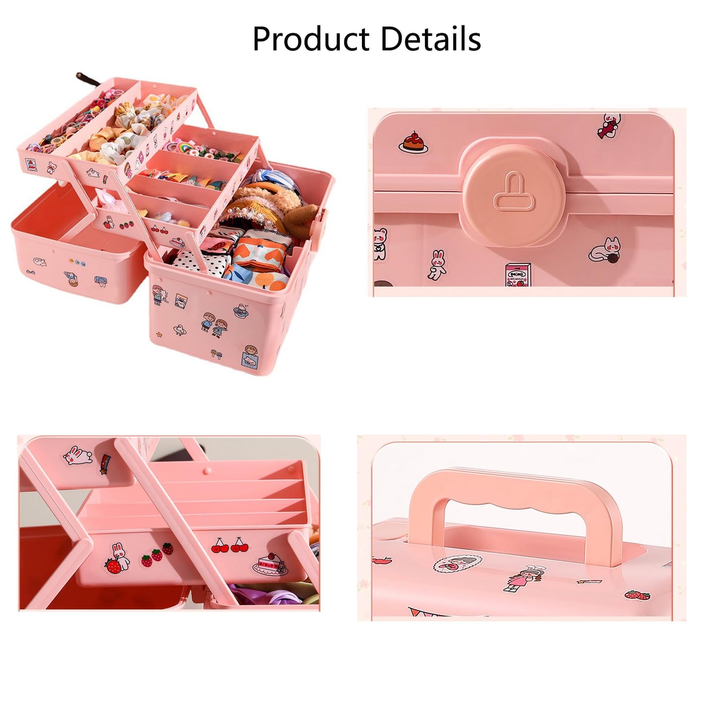 Hair Accessories Organizer for Girls Headbands, Clips, Ties,Baby Girl Supplies, Lockable Three-layer Folding Craft Organizers and Storage Plastic Kids Jewelry Box, Birthday Gifts for Little Girls