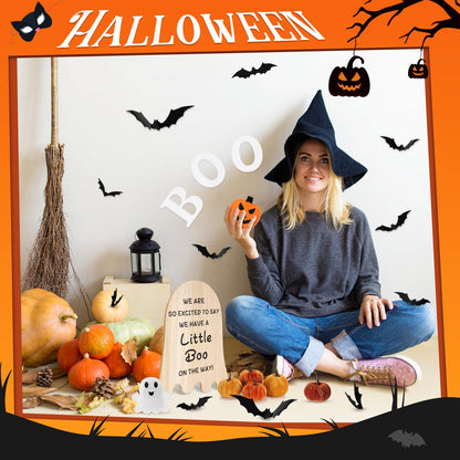 Fiwochic 22 Pcs Fall Pregnancy Announcement Set Fall Thanksgiving Baby Reveal Idea Include "we Have a Little Boo" Wooden Ghost Shape Sign Velvet Pumpkin 3D Bat Felt Ghost Pumpkin for Baby Shower Party