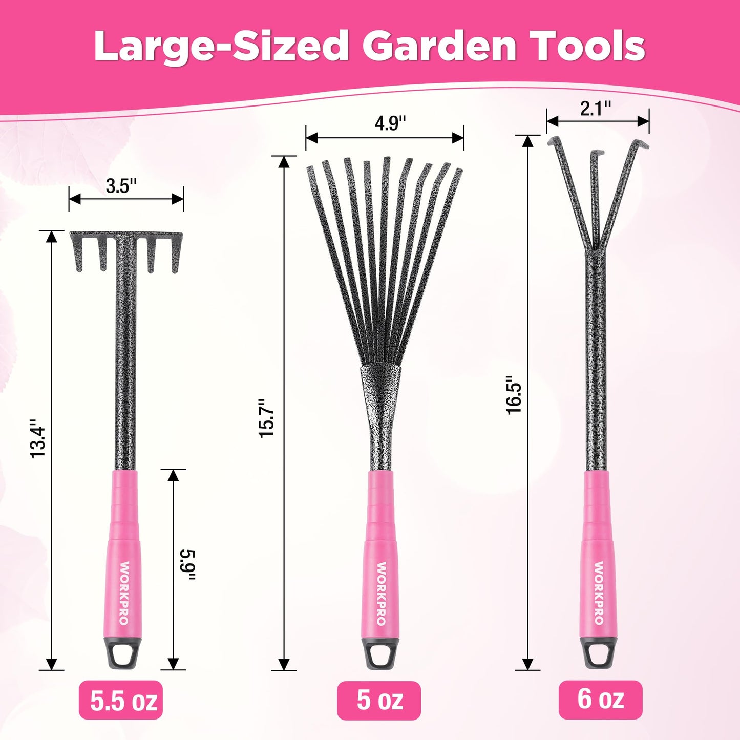 WORKPRO 6-Piece Pink Garden Tool Set, Heavy Duty Gardening Hand Tools with Soft Rubber Handle, Including Trowel, Rakes, 2-in-1 Hoe and Crack Weeder, Ideal Gardening Gifts for Men and Women