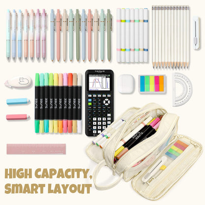 SUNEE Large Capacity Pencil Case with 3 Compartment, Extra Big Pencil Pouch, Pencil Bag with Zipper, Cute Stationery Organizer, Soft Corduroy Pen Box School Supplies for Student Teen Girls Boys, Beige