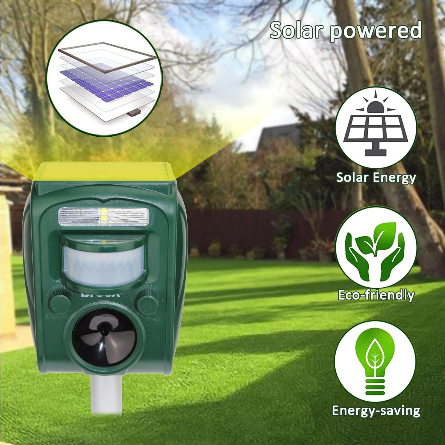 Broox 2025 Upgraded Solar Animal Repellent, Cat Repellent Outdoor, Squirrel Repellent, Deer Repellent, Ultrasonic pest Repeller, IP65 Waterproof, Motion Detection, Dog, Raccoon, Skunk, Rabbit, Rodent