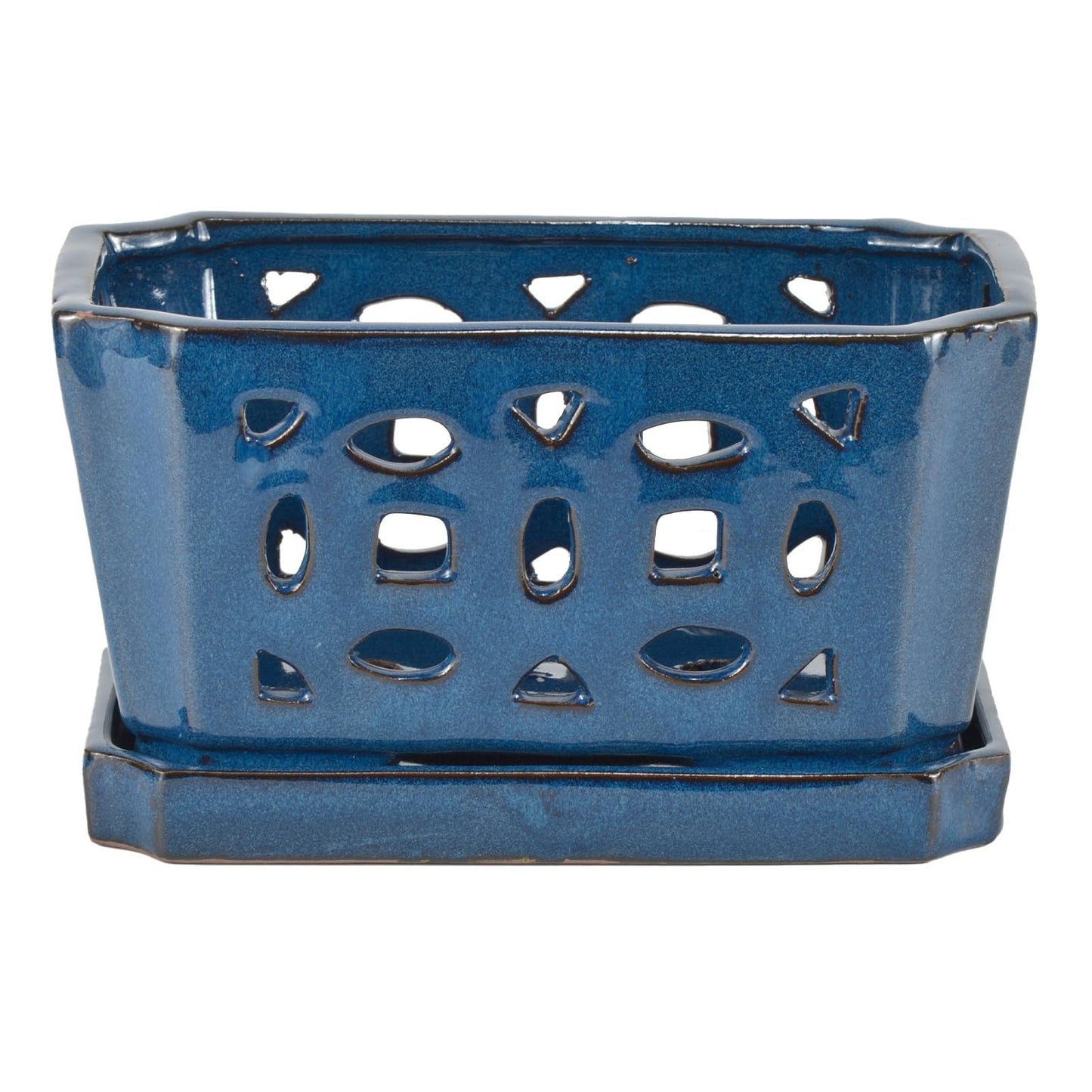 W&W Orchid Pot with Holes and Saucer for Repotting, Blue, 9.7 Inch