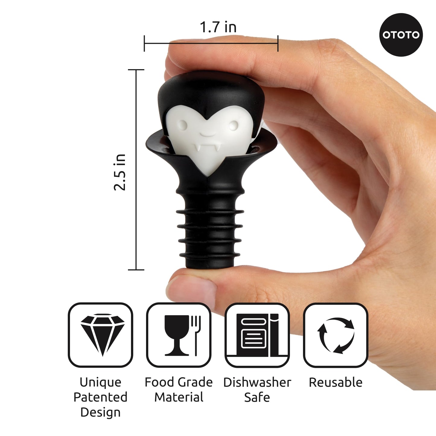OTOTO 2 in 1 Wine Stopper & Pourer - Wine Cap, Wine Cork - Vampire, Halloween Gifts, Emo Accessories, Gothic Kitchen, Goth Gifts, Bat, Kitchen Gadgets - (Count Corkula)