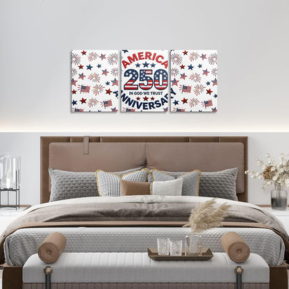 Feelyou Patriotic 250th Anniversary 3 Piece Canvas Wall Art for Living Room Bedroom 4th of July Wall Art for Home Decor America Star Print Office Decor Artwork Red Blue Picture Posters