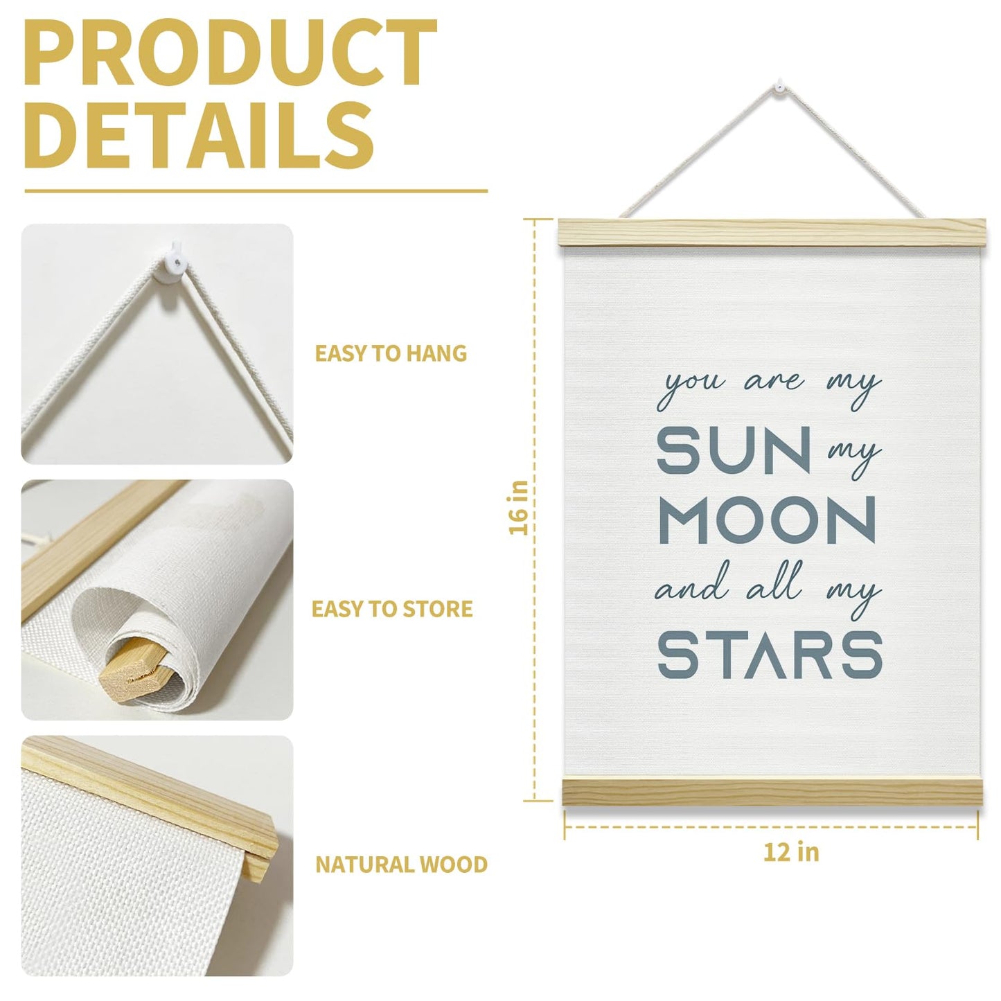 mermermu You are My Sun My Moon and All My Stars Poster Hanger Frame, Positive Posters Canvas Wall Art for Home Nursery Living Room Kids Bedroom Decor, 12x16 Inches -024