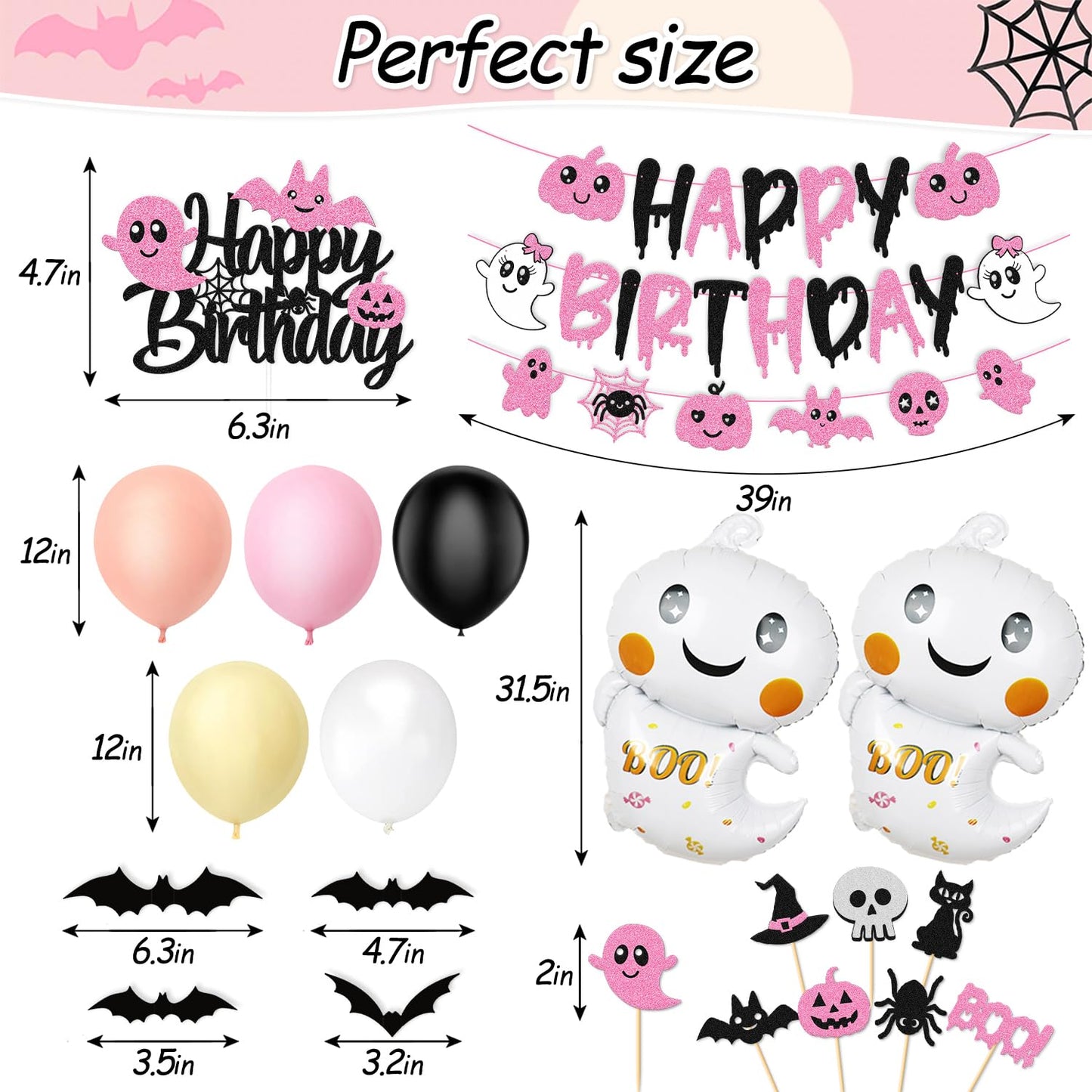 67 Pcs Halloween Birthday Decorations Pink Black Birthday Banner Cake Topper Cupcake decoration Bat Wall Stickers Halloween Theme Balloons Happy Bday Party Supplies
