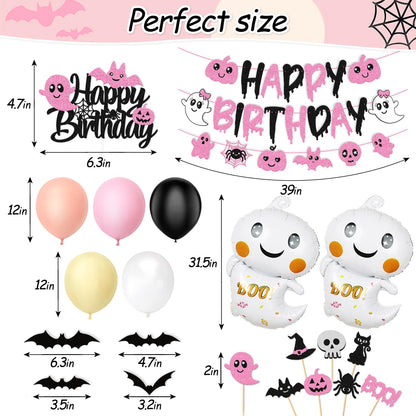67 Pcs Halloween Birthday Decorations Pink Black Birthday Banner Cake Topper Cupcake decoration Bat Wall Stickers Halloween Theme Balloons Happy Bday Party Supplies