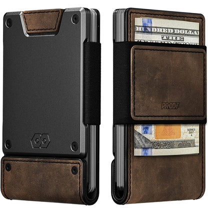 PROOF Wallet | Slim Minimalist Wallets for Men | Leather & Metal | RFID Wallet | Front/Back Pocket | Gift Box | Veteran Owned (Founder (Brown Leather | Dark Gun Metal))