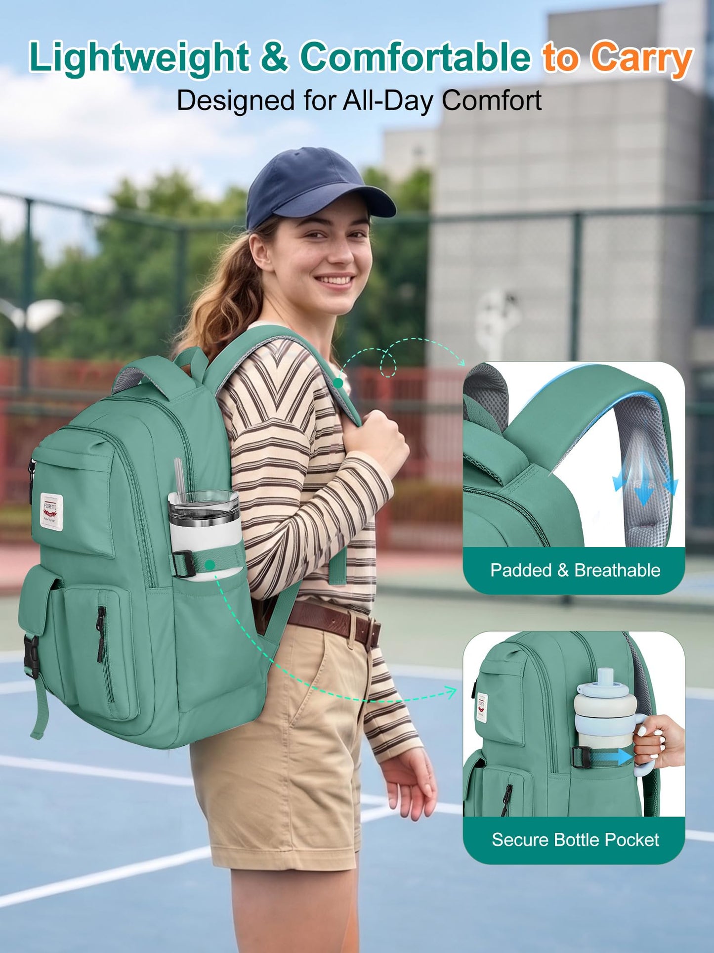 FIORETTO School Backpack for Teen Girls & Women with Compartment, Lightweight School Bag Bookbag with Multiple Pockets, Ideal for Middle High School, College, Travel, Dark Green 25L