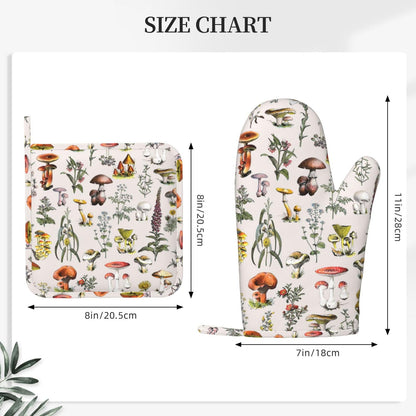 CEVIOLINRE Vintage Botanical Oven Mitts and Pot Holders Set Silicone Heat Resistant Plants Herbs Mushroom Kitchen Gloves Set Nature Floral Kitchen Mittens Pot Holders for BBQ Cooking Baking Grilling