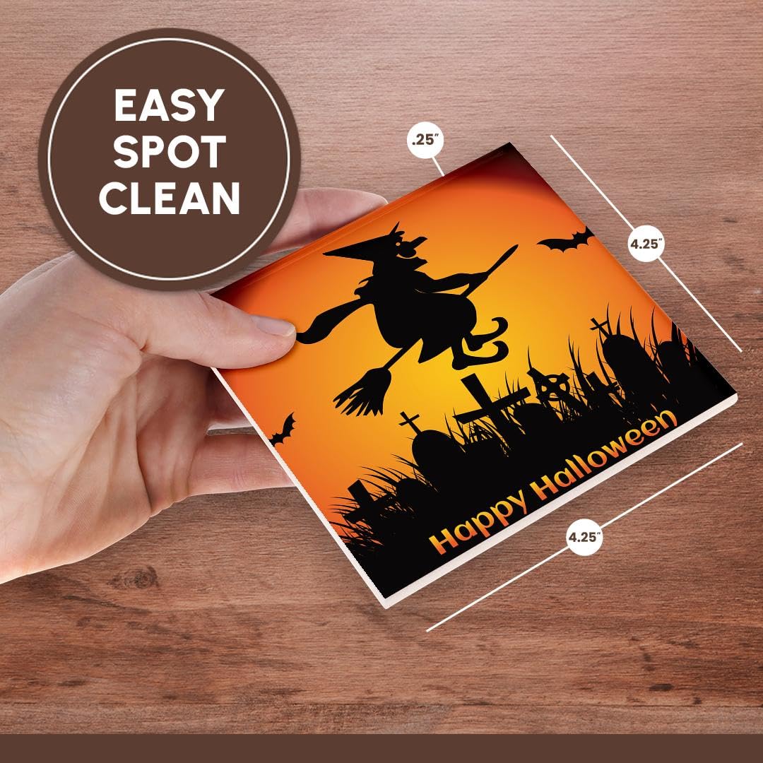 3dRose Happy Halloween with Witch on a Broom and Bats Set of 4 Ceramic Tile Coasters
