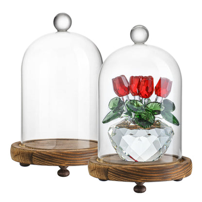 2 Pack Decorative Glass Cloche Bell Jars with Wooden Bases, 6.4" Tall Tabletop Accent Covers for Seasonal Centerpieces, Fairy Lights and Home Decor