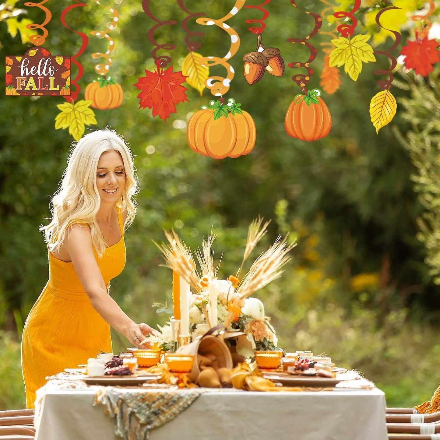 36CT Autumn Hello Fall Party Hanging DecorationsFoil Swirls Pumpkins Maple Leaves Acorns Harvest Thanksgiving Photo Props Ideas Ceiling Door Whirls Streamers Supplies