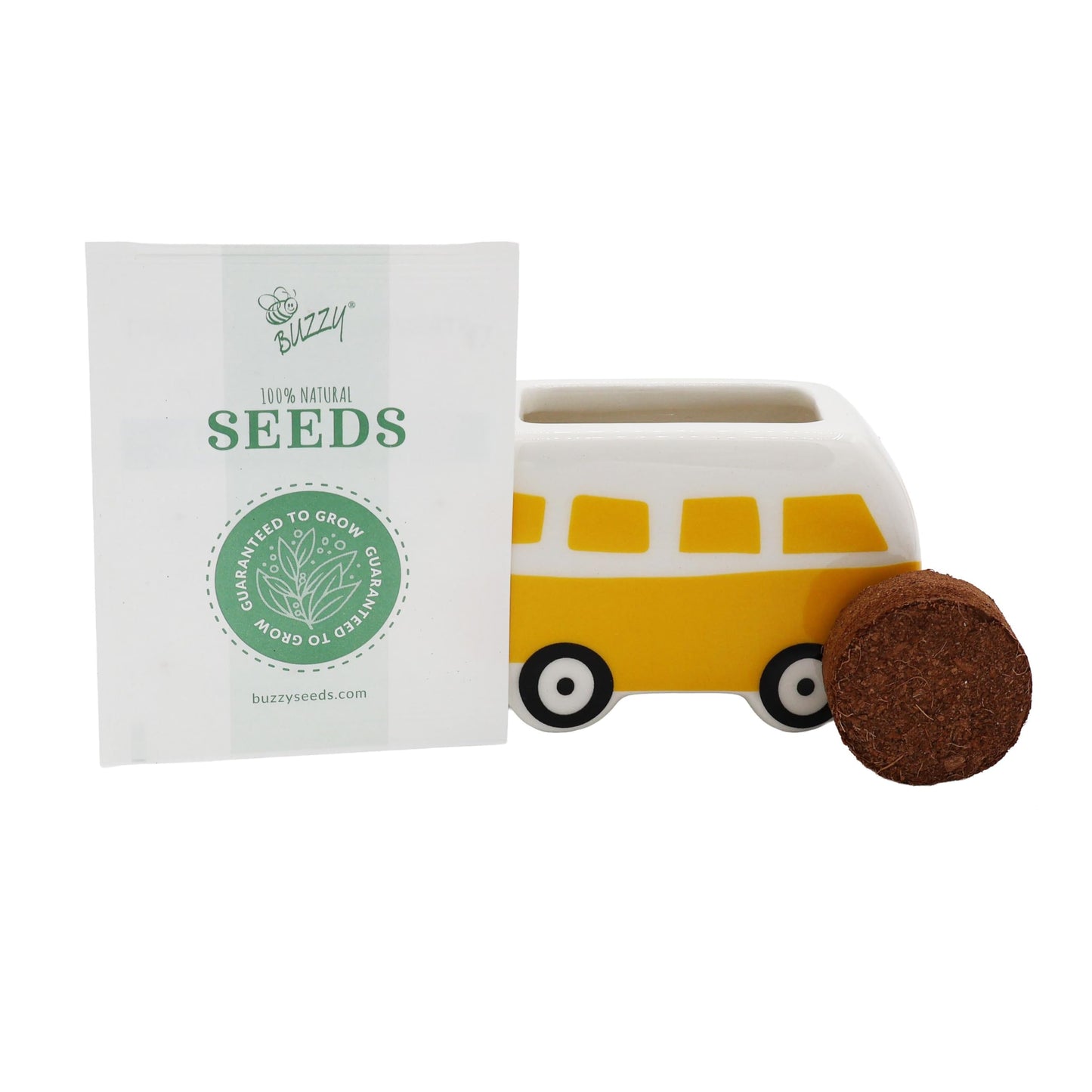 BUZZY Seeds Mini Ceramic Flower Bus Grow Kit, 4-Pack – Colorful Retro Bus Planters with Daisy, Cosmos, Calendula & Coneflower Seeds, All-in-One Seed Starter Gift Set