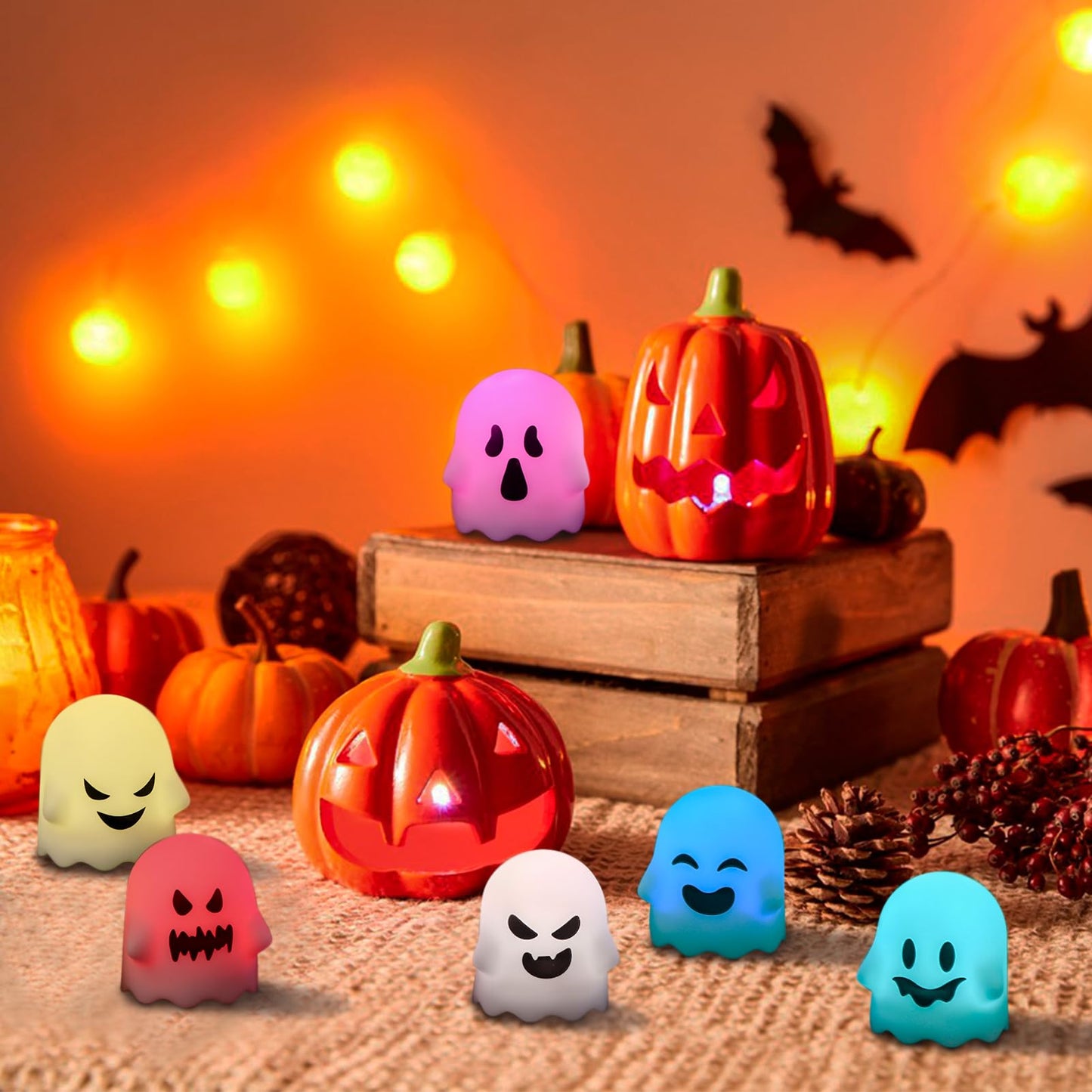 DRomance Halloween Ghost Lights Flameless Candles Battery Operated with Remote and Timer 6 Pack Color Changing LED Small Votive Candles Spooky Halloween Indoor Deocration(2 x 2.4 Inches)